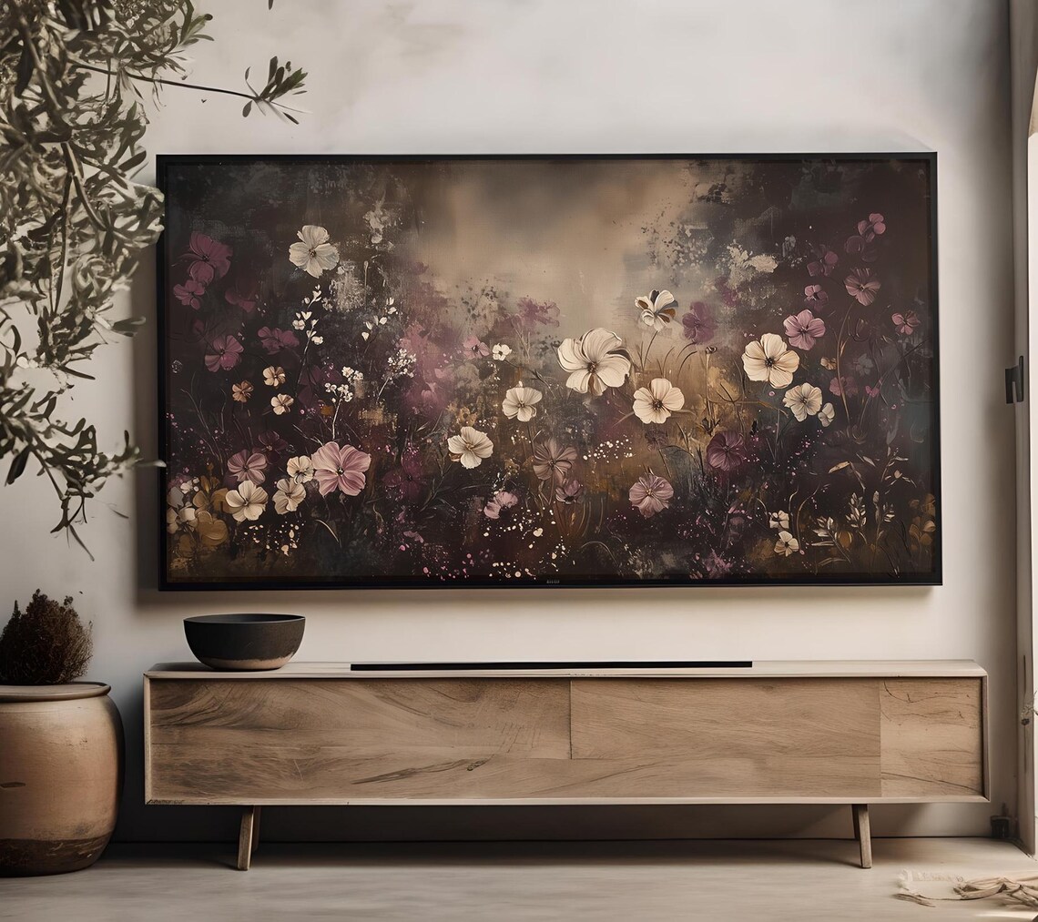 Dark Moody Wildflower Field At Night Misty Floral Oil Painting Poster - Image 4