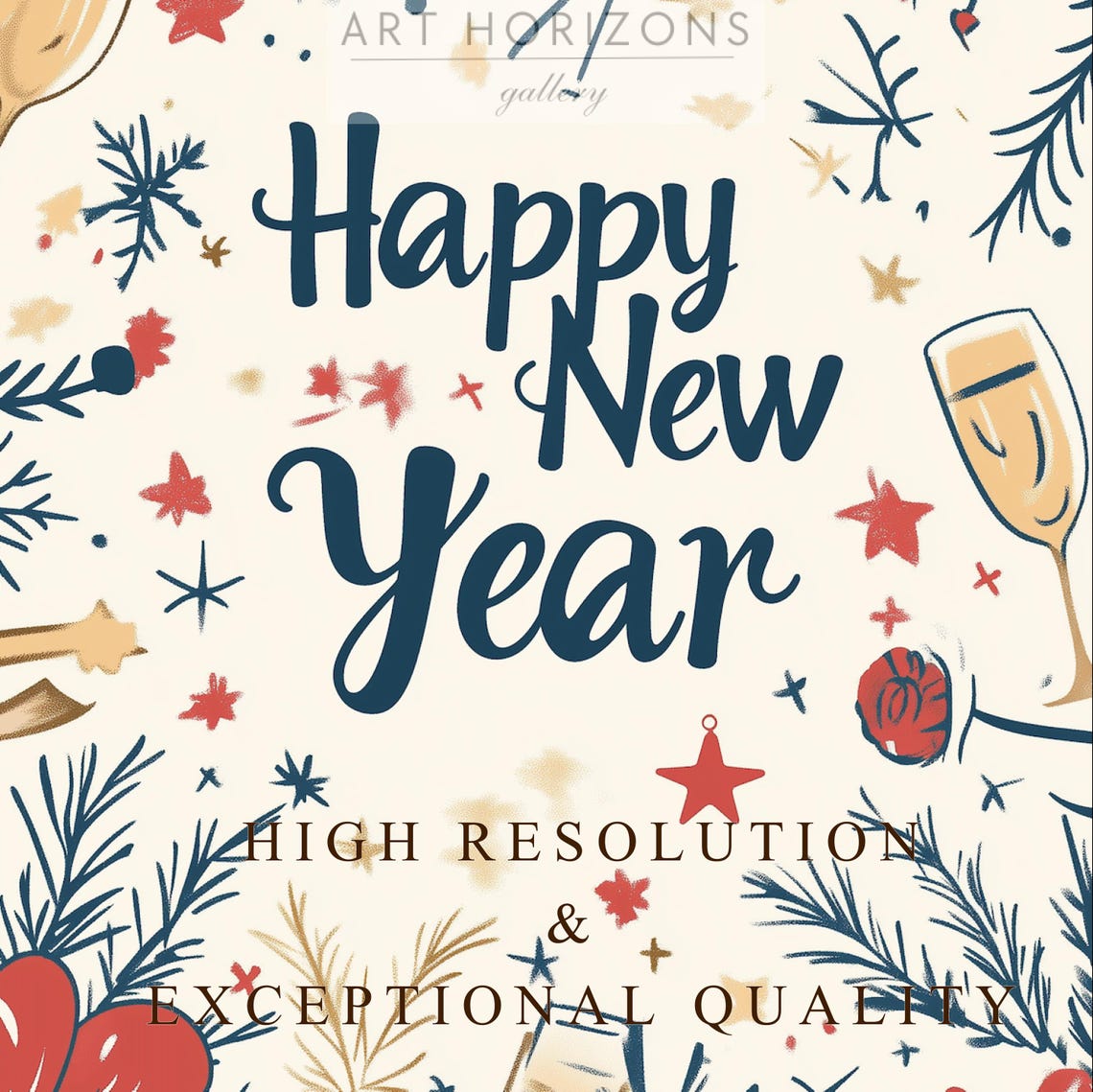 Happy New Year Retro Floral Champagne Celebration Illustration Print - Image 3