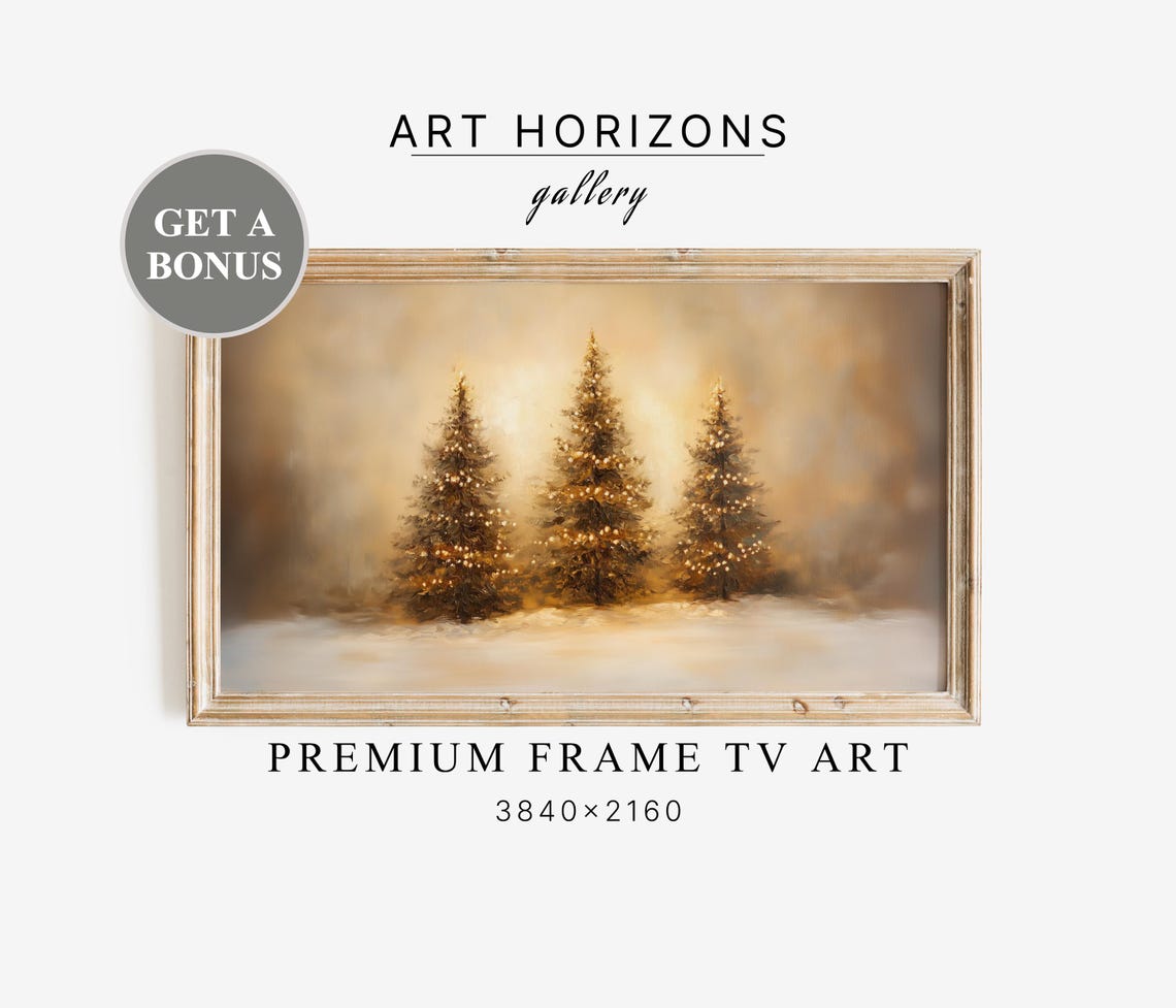 Three Glowing Christmas Trees Snowy Golden Field TV Art Poster