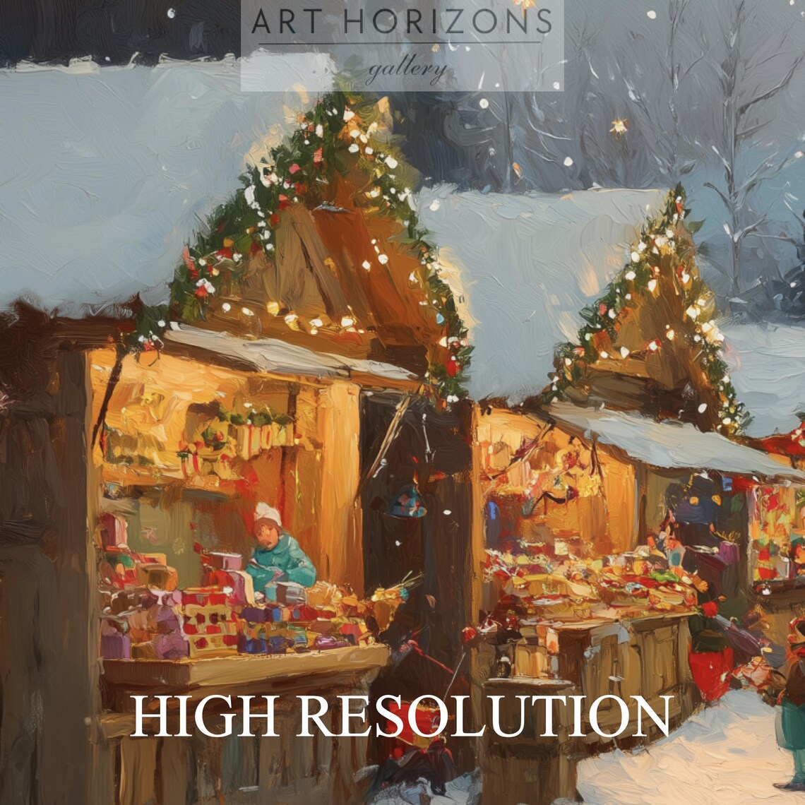 Snowy Christmas Market Wooden Stalls Evening Mountains Poster - Image 4