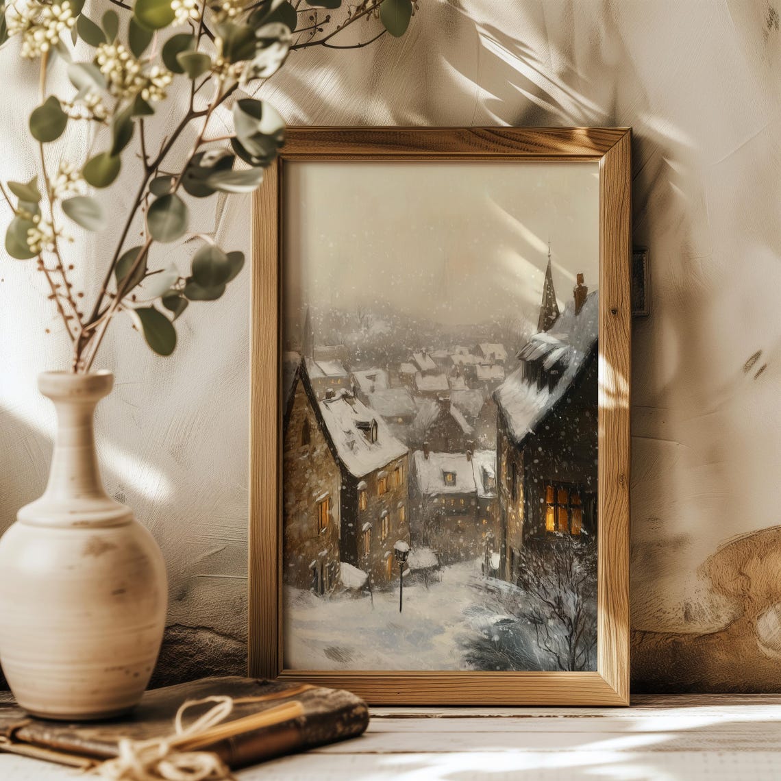 Snowy Street Of An Old Village Art Vintage Style Oil Painting Antique Winter Wall Art Rustic Cottagecore Holiday Decor Art A186 - Image 2