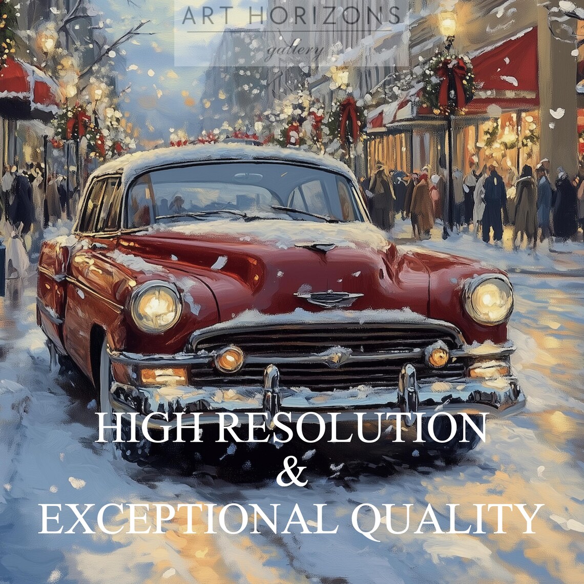Vintage Red Car Snowy City Street Christmas Lights Evening Poster - Image 3