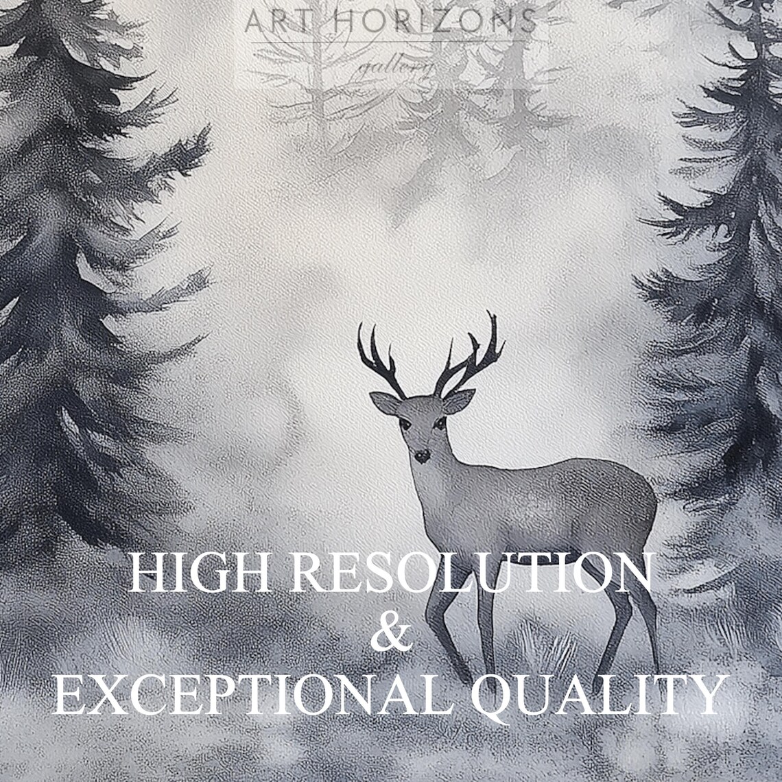 Deer In Misty Blue Gray Forest Foggy Winter Watercolor Poster - Image 3