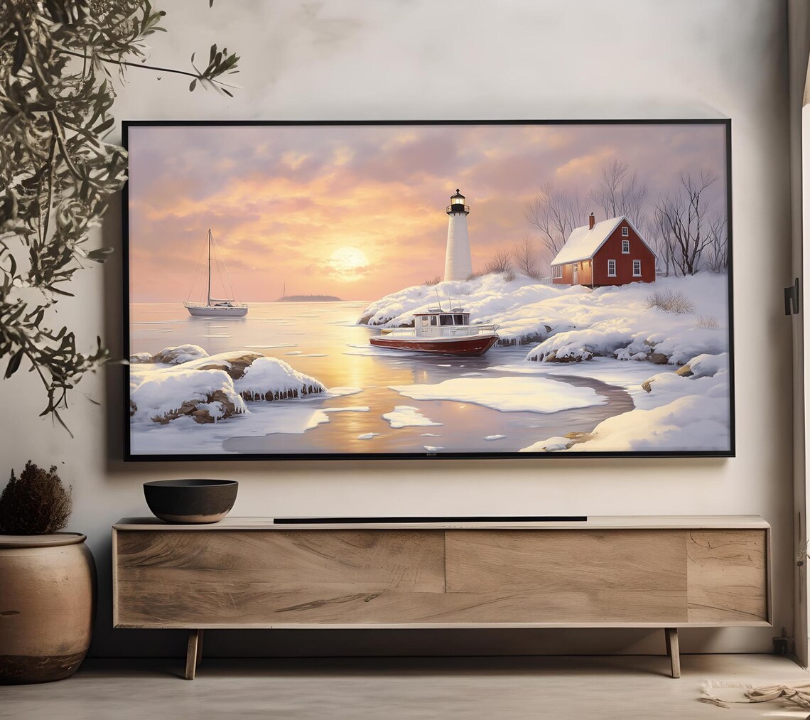 Sailboat Winter Frame Tv Art Winter Harbor Scene Art Lighthouse Landscape Tv Art Snowy Nautical Oil Painting Art Tv52 - Image 4