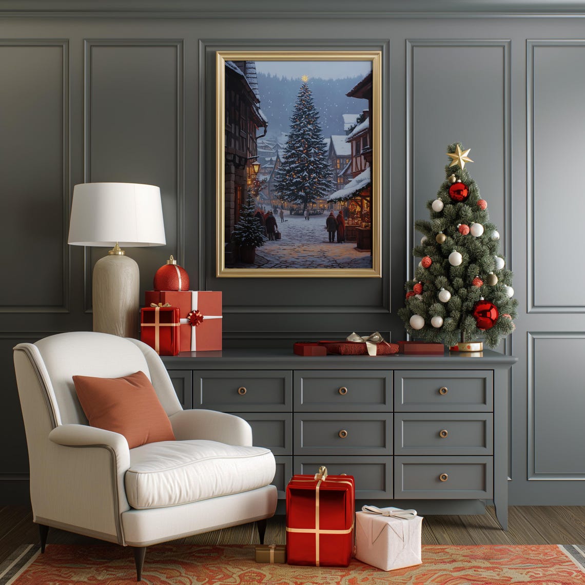European Old Town Christmas Tree Cobblestone Square Dusk Poster - Image 3