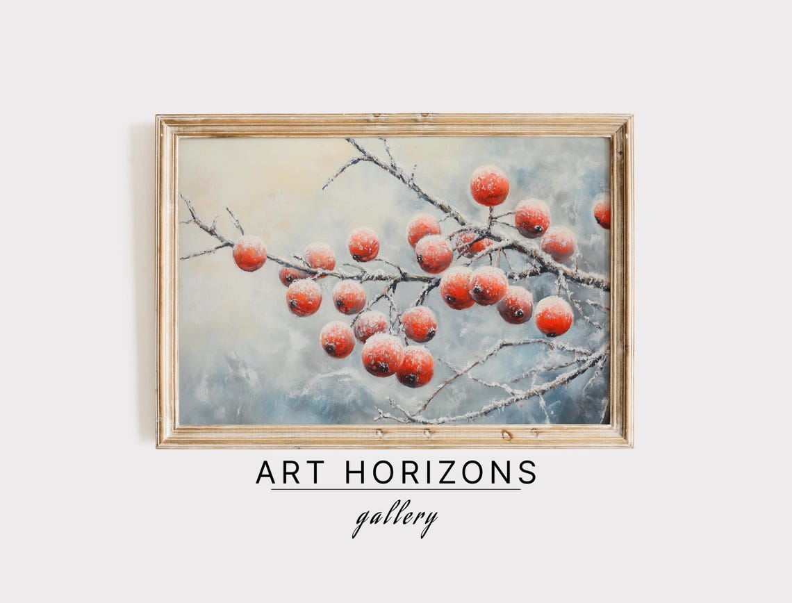Frosted Red Winter Berries Snowy Branch Vintage Botanical Style Poster