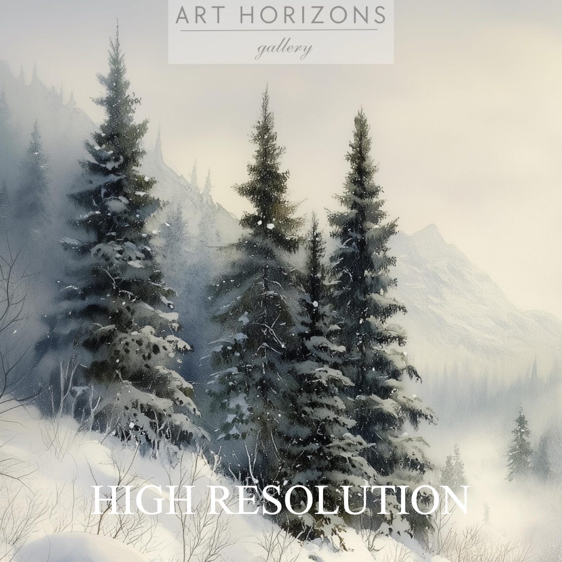Snowy Winter Stream Misty Pine Forest Mountains Watercolor Poster - Image 3
