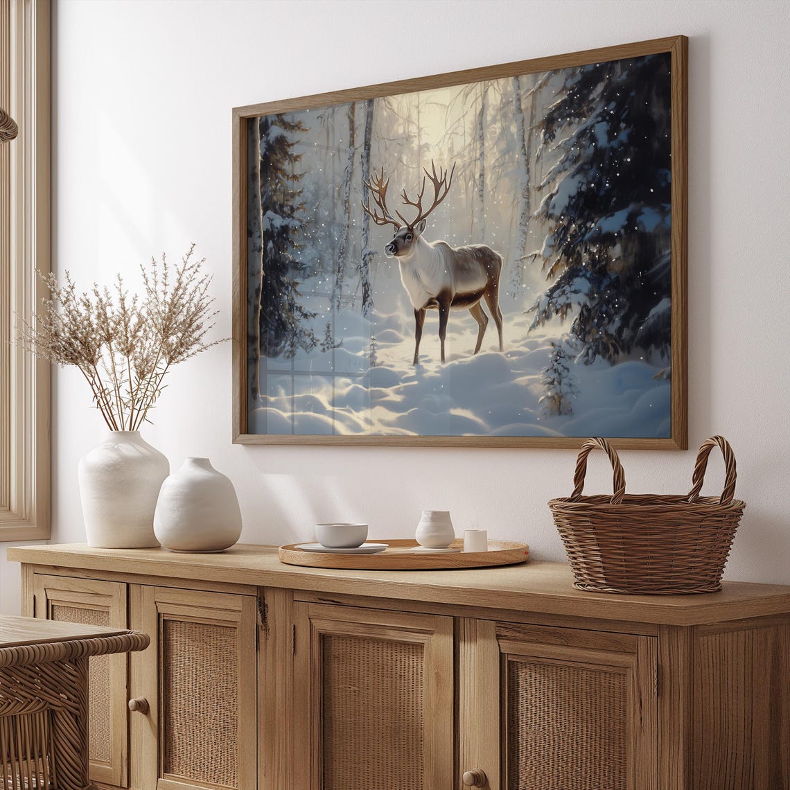 Reindeer Stag Antlers Sunlit Snowy Forest Winter Wildlife Poster - Image 4