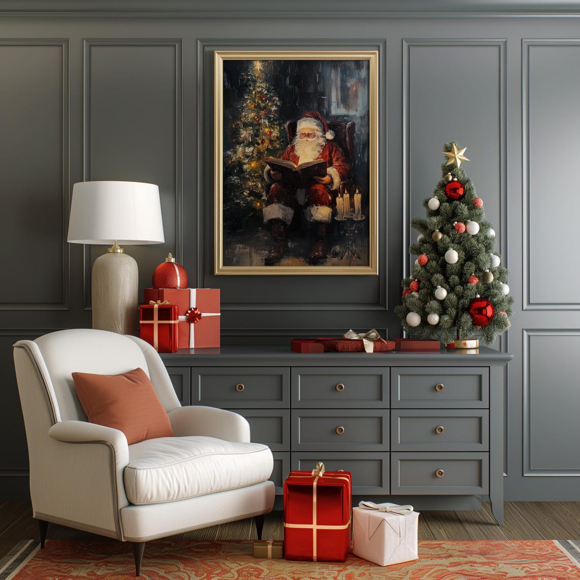 Santa Reading Book Christmas Tree Star Candles Moody Vintage Wall Art - Image 2