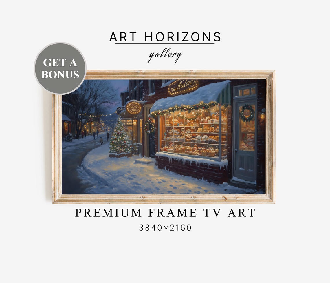 Christmas Bakery Corner Snowy Street Evening Storefront Poster