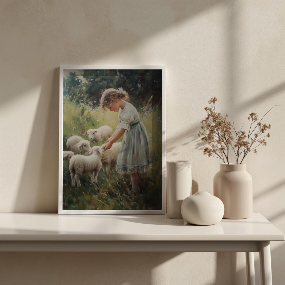 Vintage Little Girl Sheep Lamb, Moody Farmhouse Art Print - Image 3