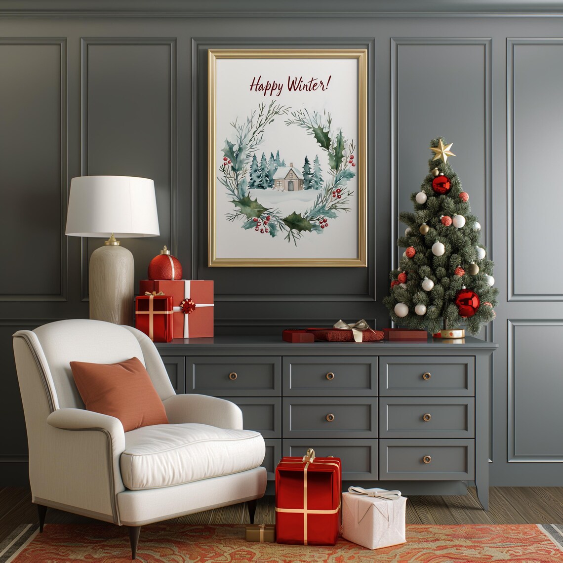 Happy Winter Watercolor Wreath Holly Cabin Snowy Scene Print - Image 4
