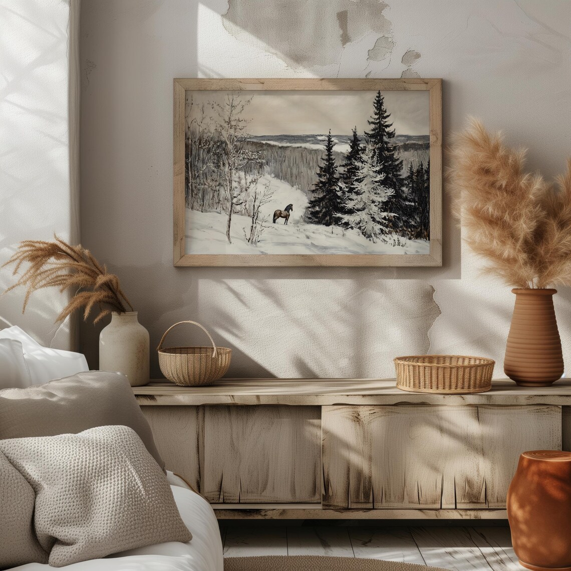 Snowy Mountains Holiday Art Christmas Vintage Style Painting Horse And Snowy Landscape Art Print Winter Forest Wall Art A198 - Image 2