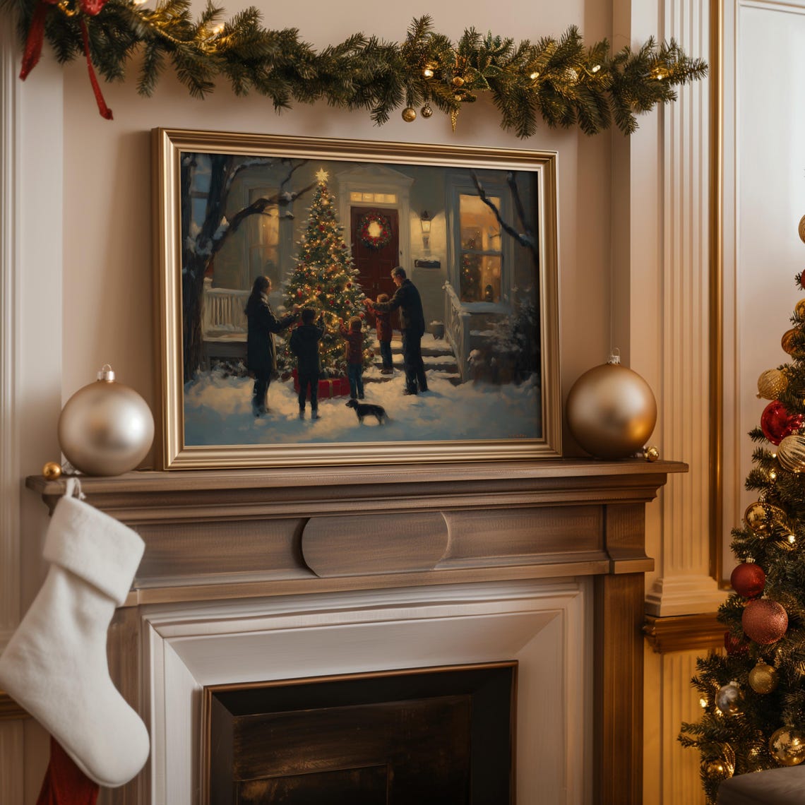Vintage Christmas Wall Art Family Decorate Christmas Tree Christmas Oil Painting Living Room Wall Art Cottage Decor Art A114 - Image 4