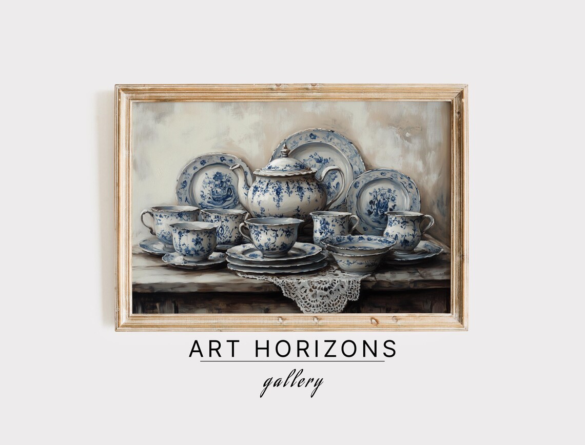 Rustic Teapot Vintage Art Print, Blue Chinoiserie
