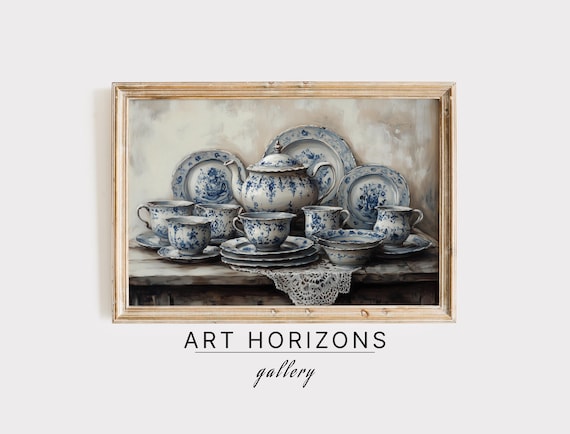 Rustic Teapot Vintage Art Print, Blue Chinoiserie