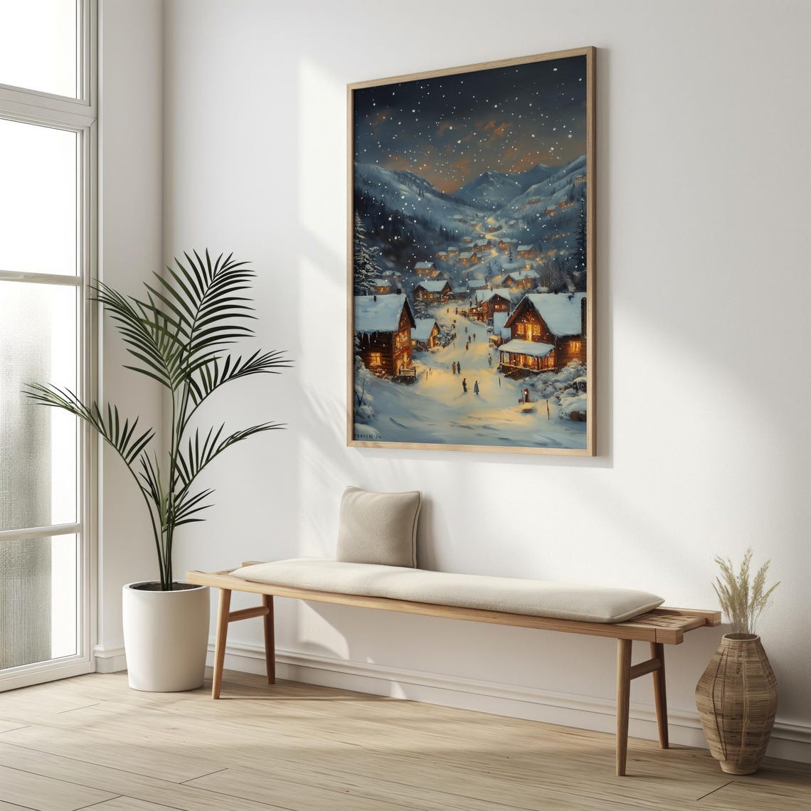 Snowy Mountain Village Night Glowing Chalets Falling Snow Art Print - Image 2