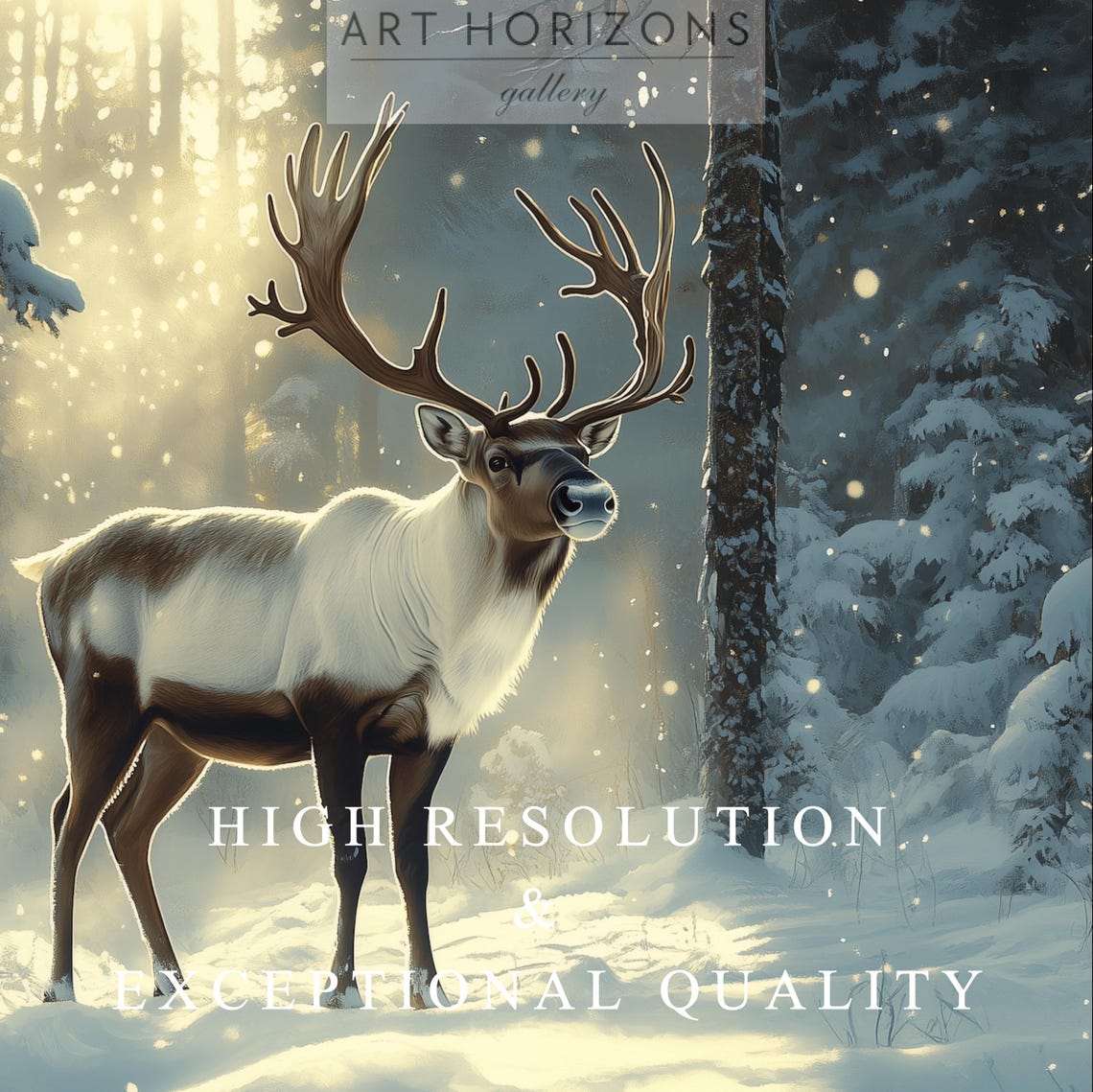 Reindeer Standing In Sunlit Snowy Forest With Light Rays Art Poster - Image 3