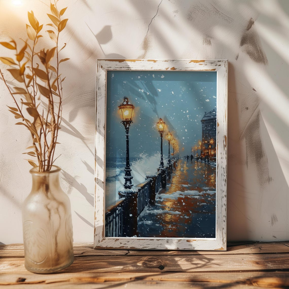 Seaside Winter Promenade Walk Oil Painting Art Vintage Christmas Wall Art Landscape Decor For Winter Town Home Farmhouse Art Print A274 - Image 2