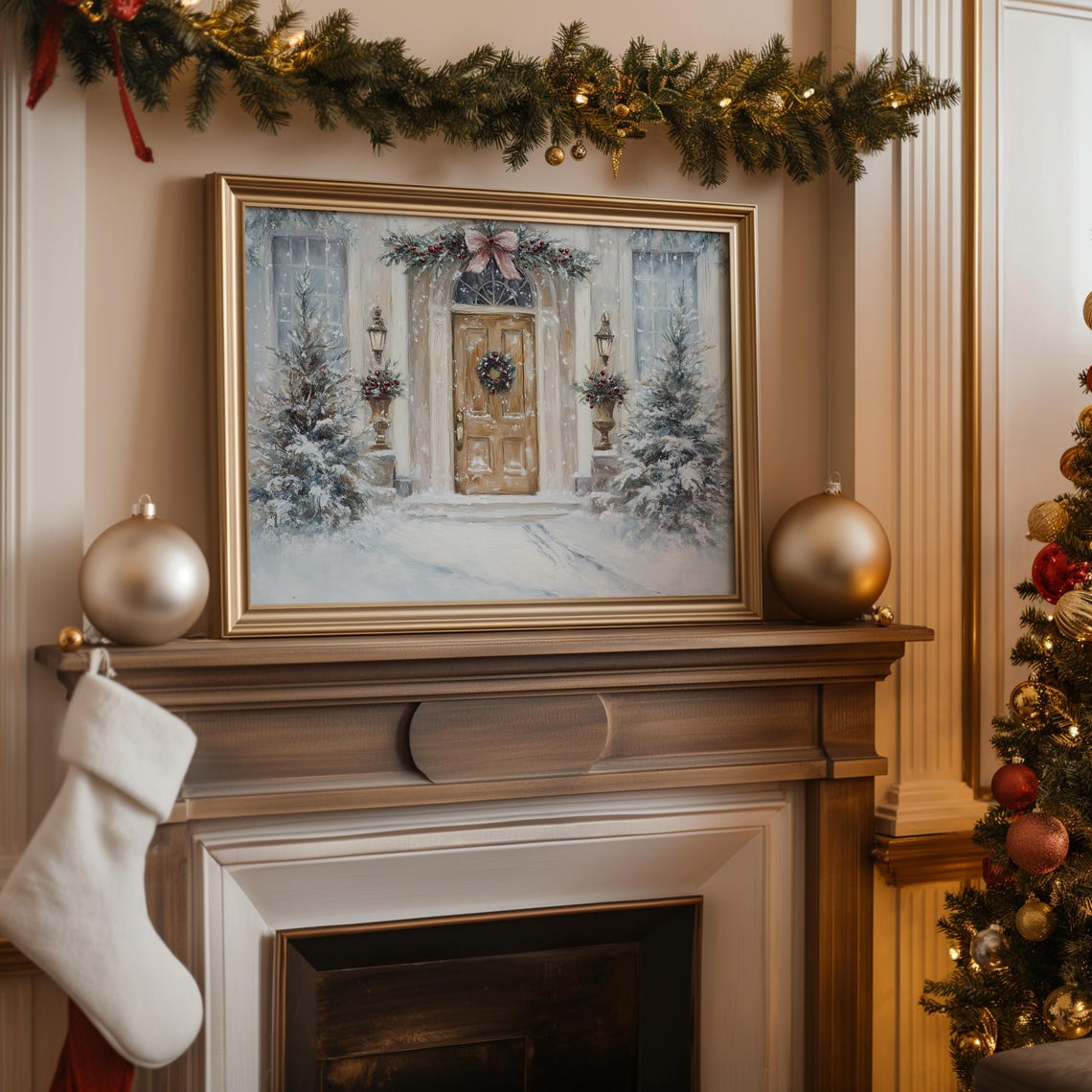 Christmas Front Door Wreath Snow Cozy Holiday Entrance Wall Art Print - Image 3