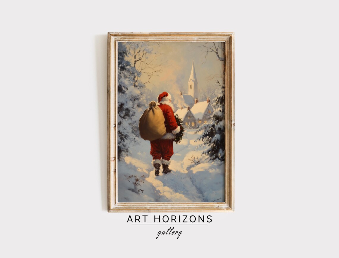 Santa Claus Print Vintage Styled Christmas Wall Art Christmas Scene Painting Christmas Snowy Village Painting A11