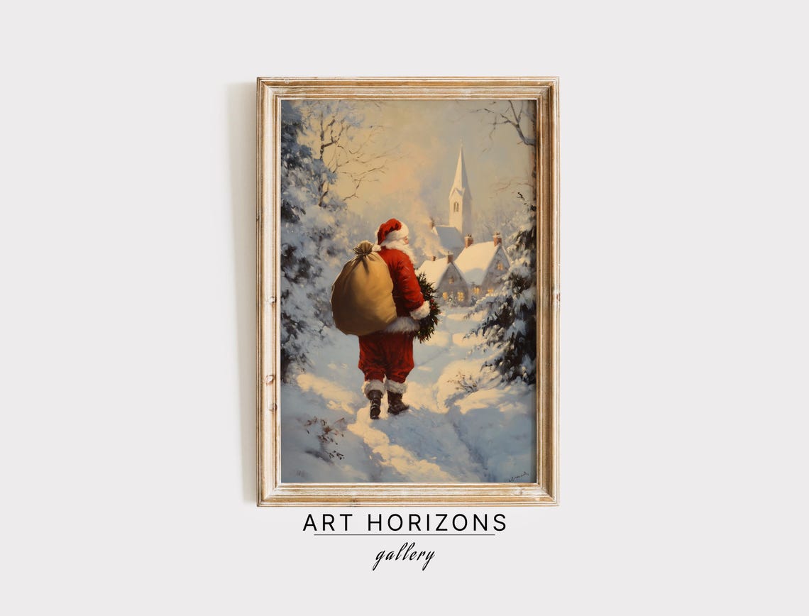 Santa Claus Walking Snowy Village Church Steeple Christmas Art Print