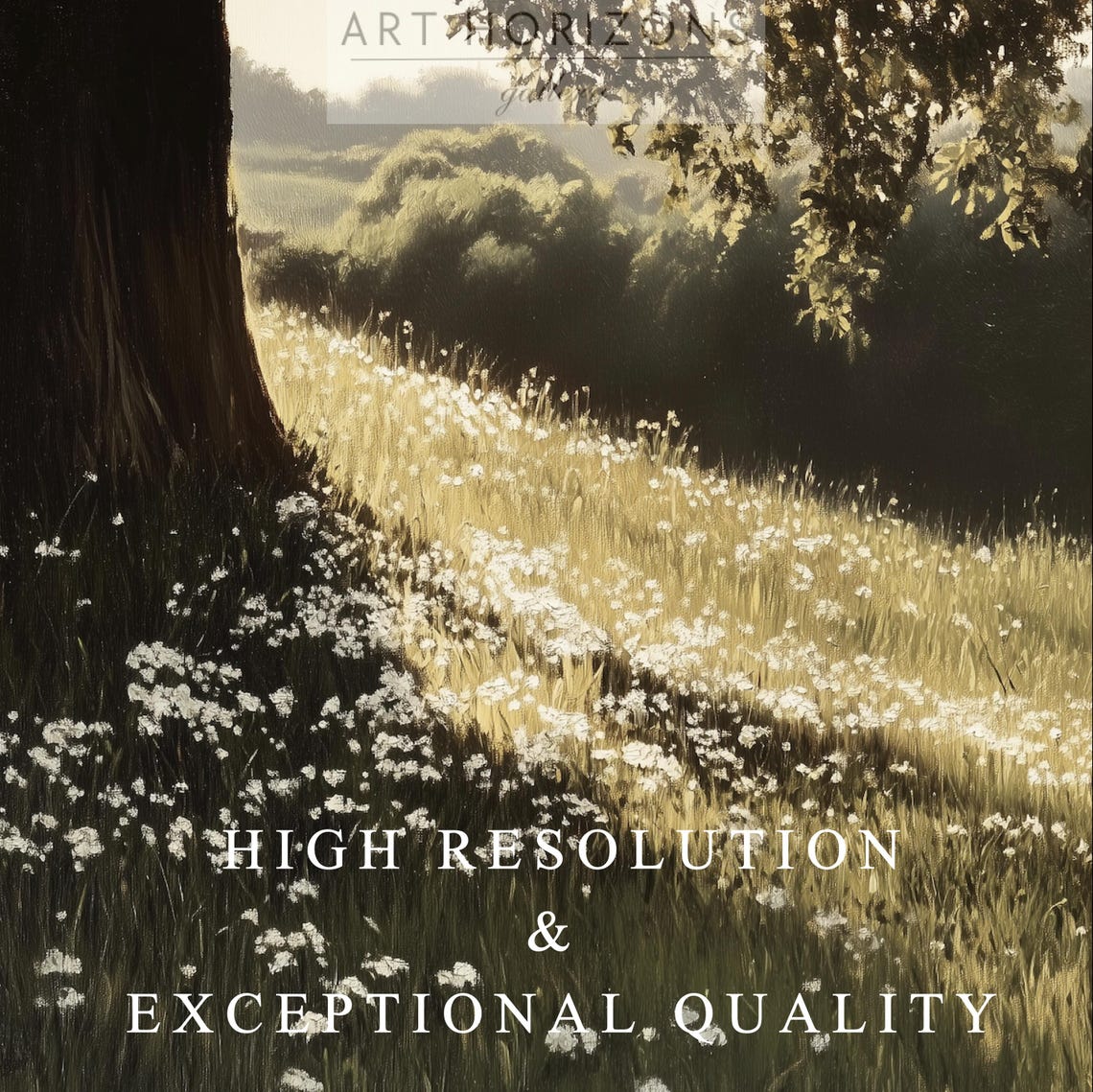 Sunlit Wildflower Meadow Under Big Tree Vintage Pastoral Landscape Art - Image 2