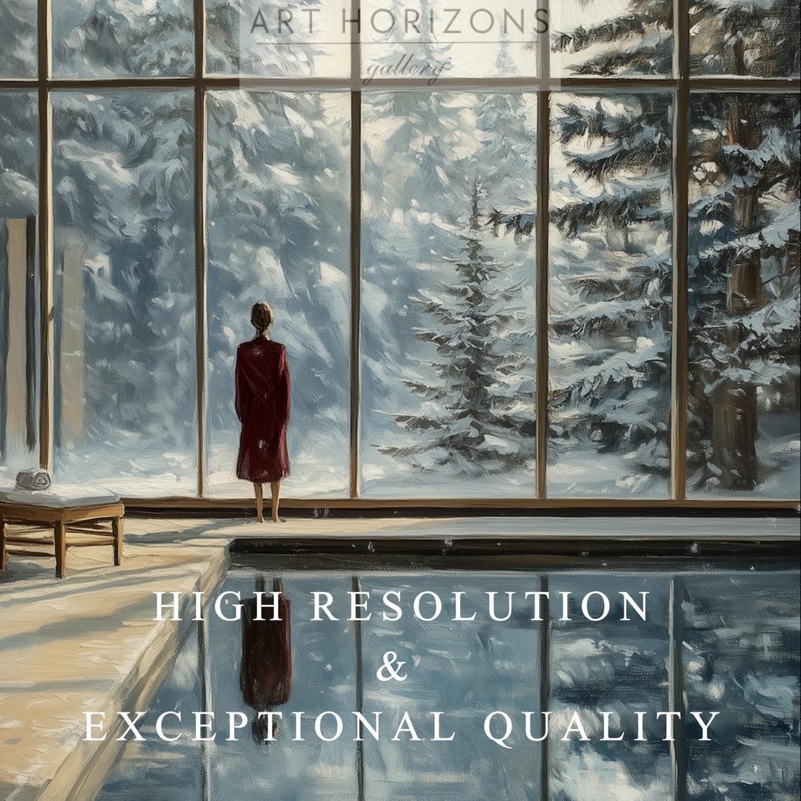 Woman Indoor Pool Window View Snowy Pine Forest Vintage Winter Poster - Image 3