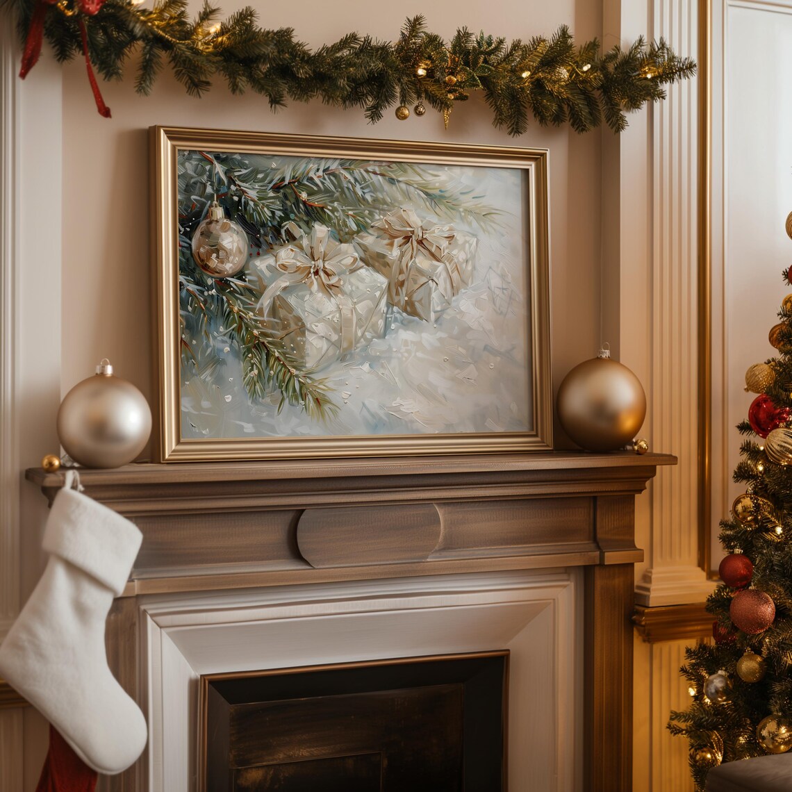 Wrapped Christmas Gifts Pine Branch Gold Ornament Still Life Art Print - Image 2