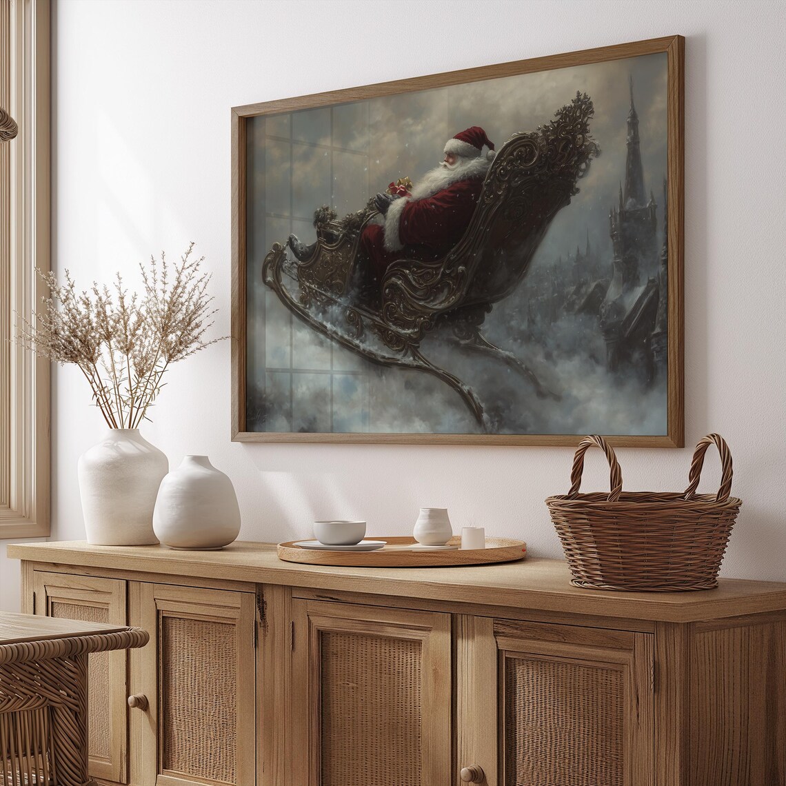 Santa Claus in Sleigh Flying Over Snowy Town Christmas Art Print - Image 2