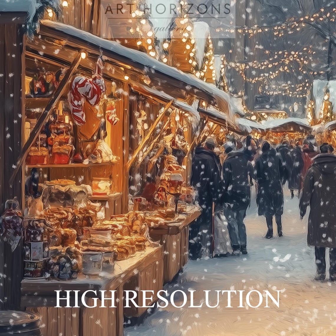 Snowy Christmas Market Night Glowing Stalls String Lights Art Print - Image 4
