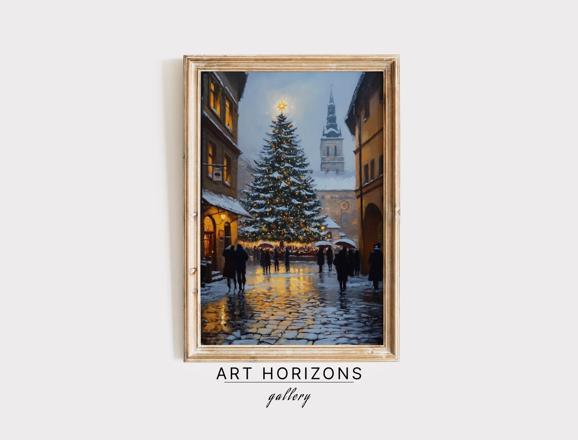 Snowy European Old Town Street Christmas Tree Night Travel Poster