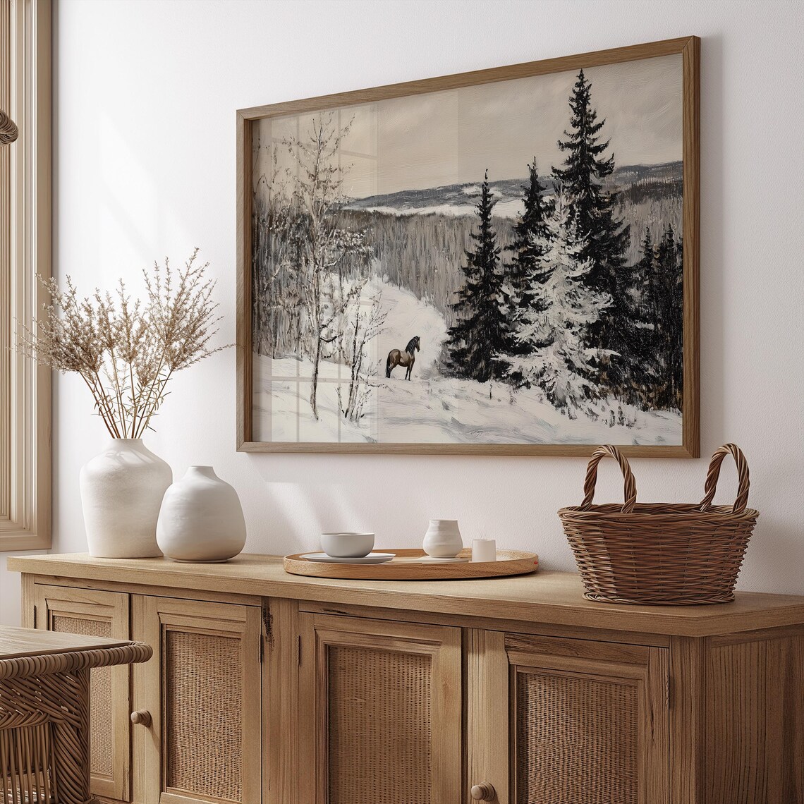 Snowy Mountains Holiday Art Christmas Vintage Style Painting Horse And Snowy Landscape Art Print Winter Forest Wall Art A198 - Image 4