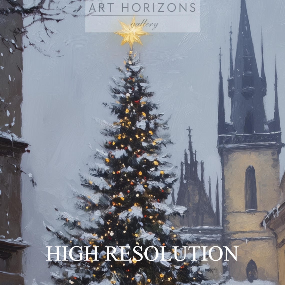 Old European Town Square Christmas Tree Snow Evening Travel Poster - Image 3