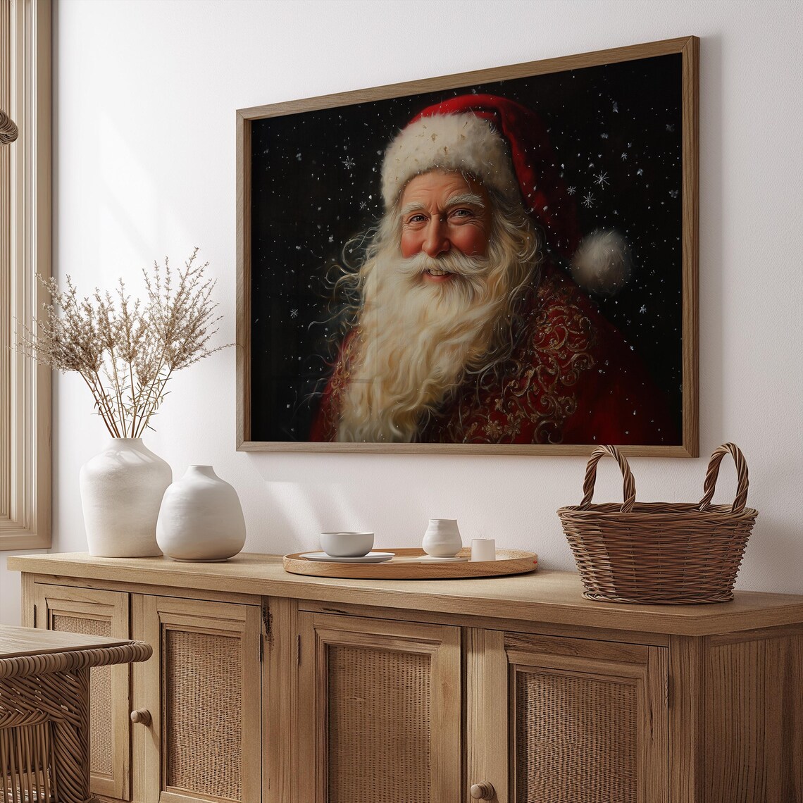 Santa Claus Portrait Oil Painting Snowflakes Dark Background Print - Image 2
