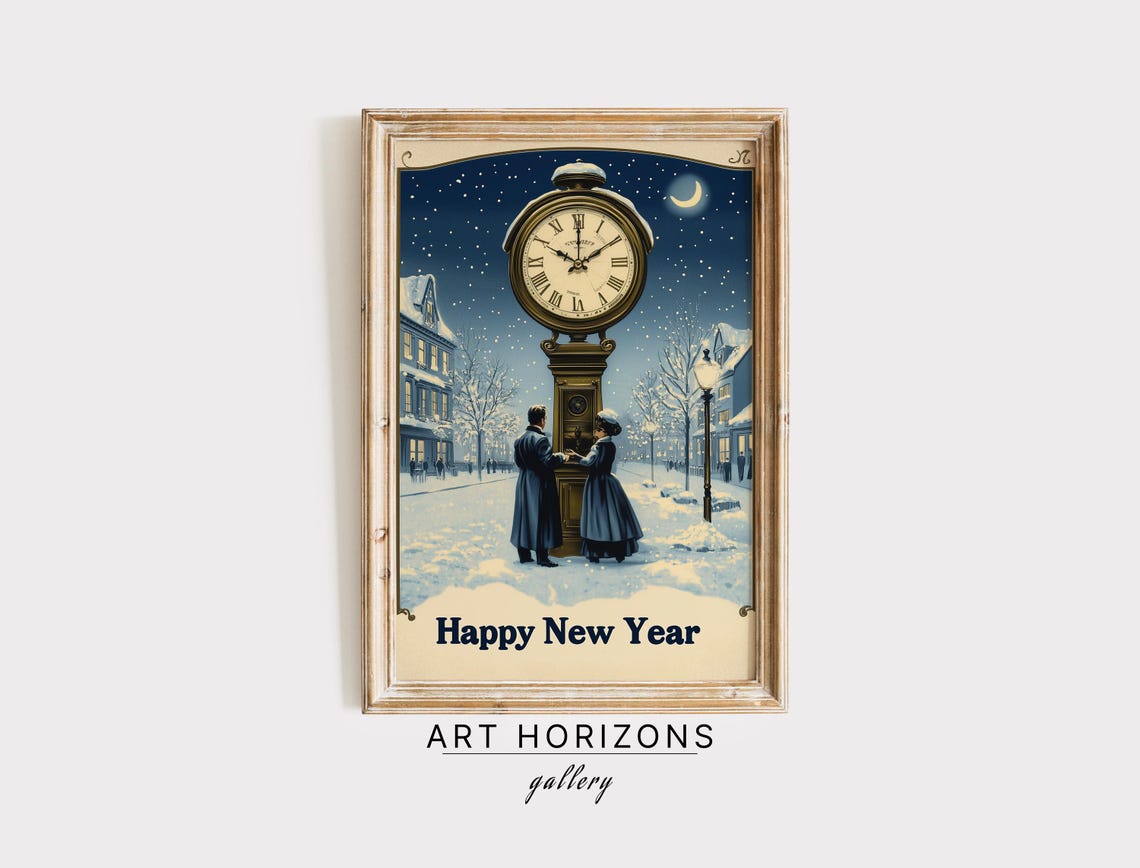 Happy New Year Vintage Postcard Clock Tower Midnight Snowy Town Print