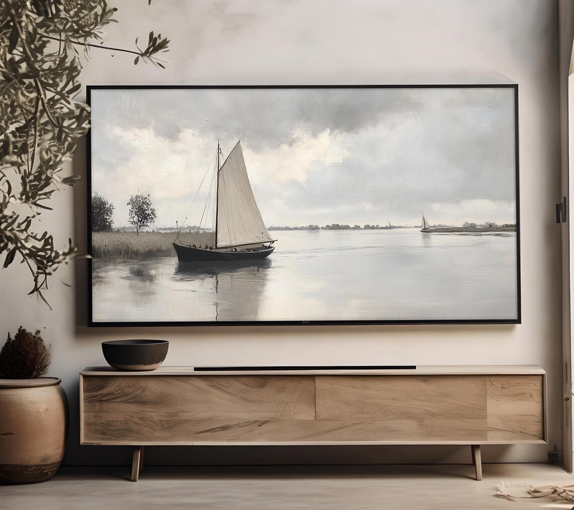 Antique Sailboat Muted Gray Seascape Vintage Nautical Coastal Oil Painting Poster - Image 5