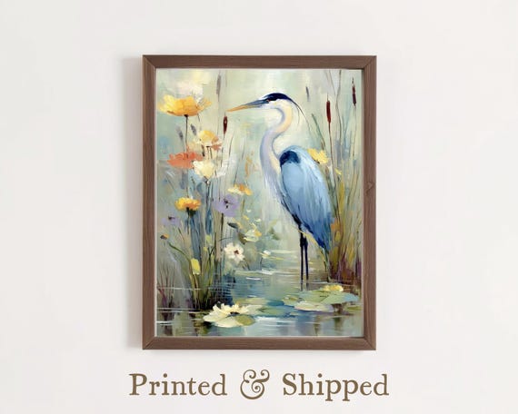 Great Blue Heron Wall Art Print Vintage Water Bird Painting On Museum Quality Matte Paper Nature Decor Soft Botanical Wildlife