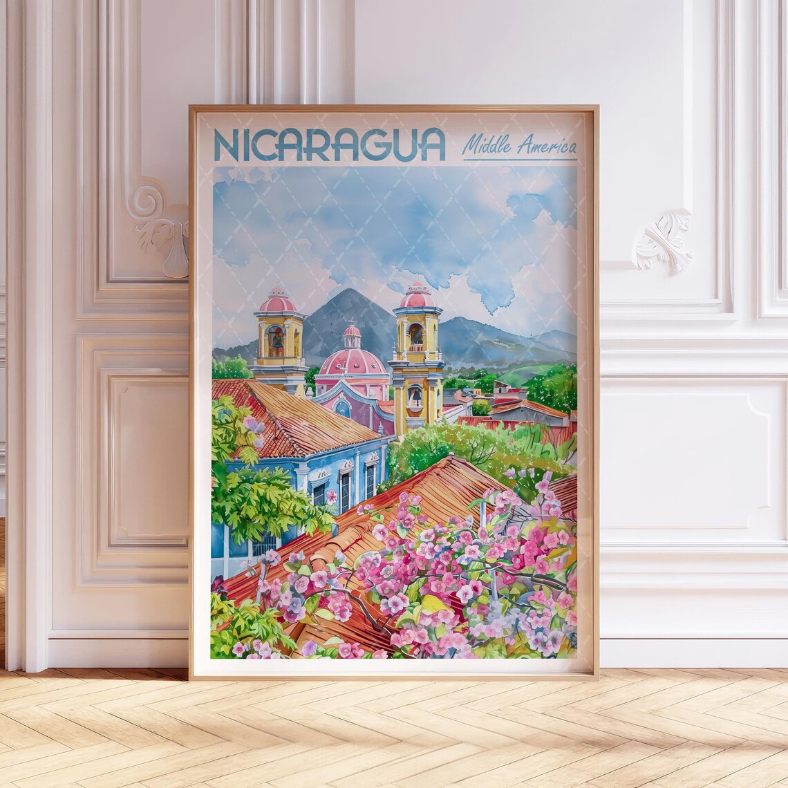 Nicaragua Watercolor Travel Poster, Managua City