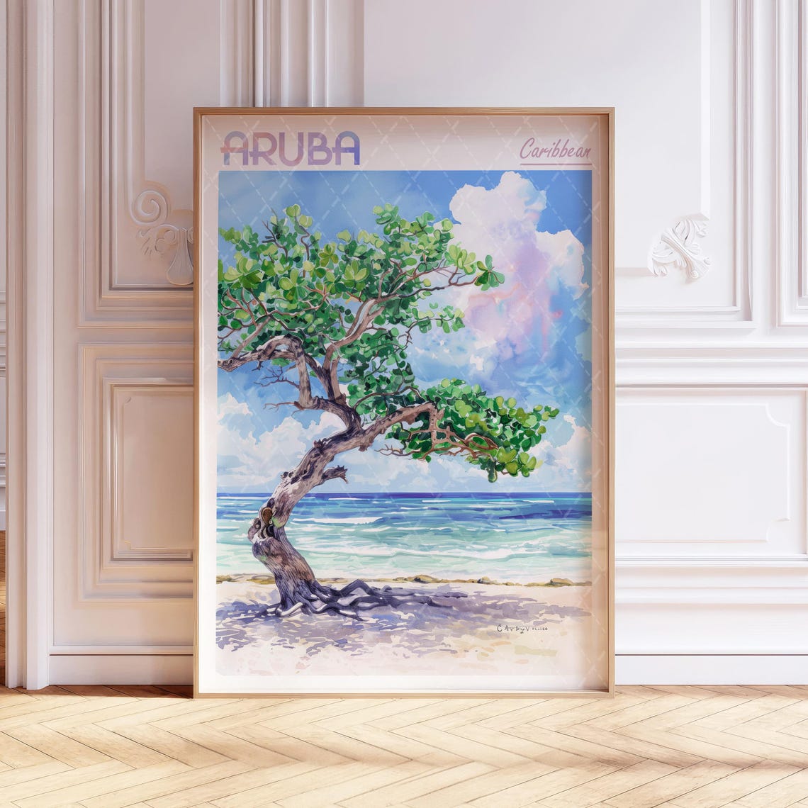 Aruba Caribbean Watercolor Divi Divi Tree Beach Scene Poster
