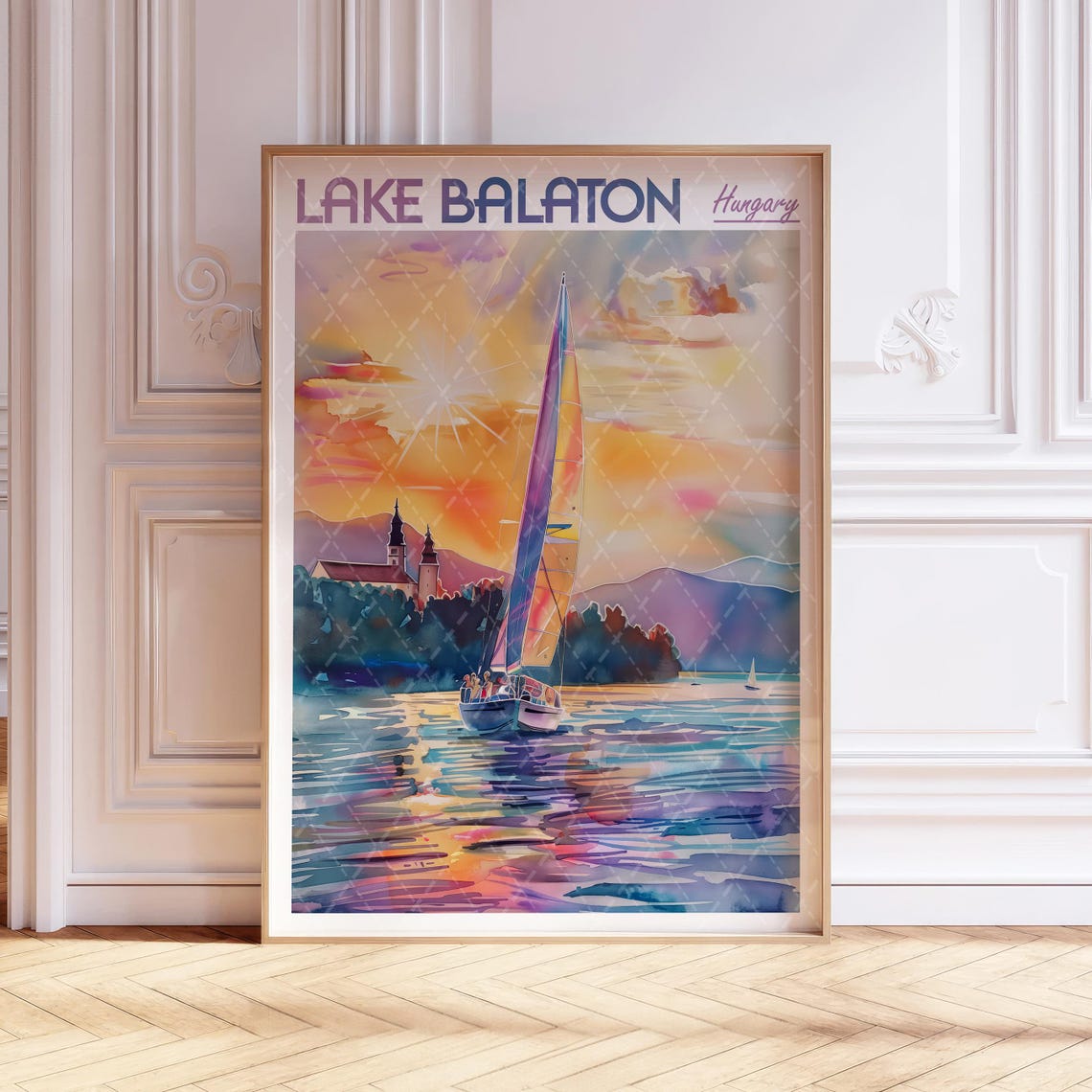 Lake Balaton Hungary Sailboat Sunset Colorful Watercolor Travel Poster
