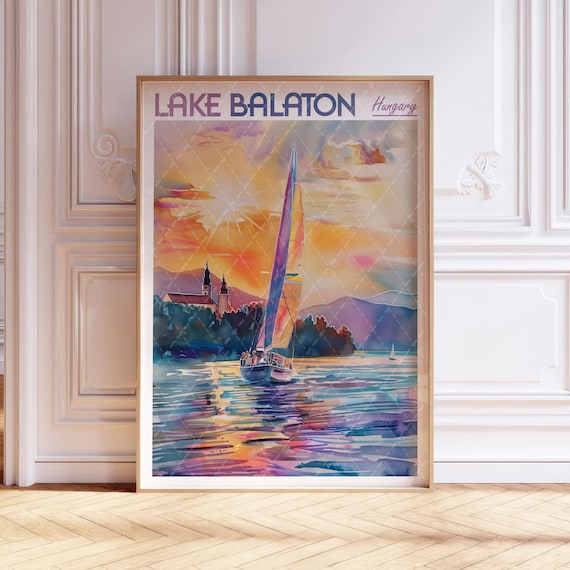 Lake Balaton Hungary Sailboat Sunset Colorful Watercolor Travel Poster