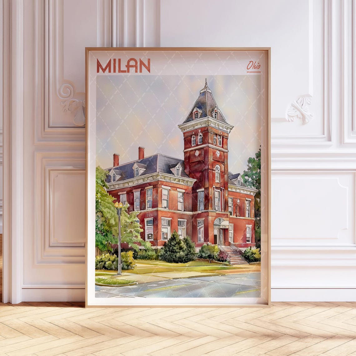 Milan Ohio Historic Brick Clock Tower Watercolor Travel Poster