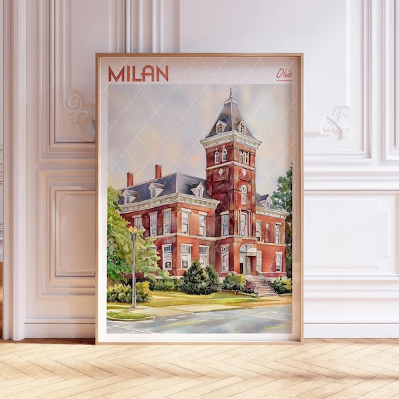 Milan Ohio Historic Brick Clock Tower Watercolor Travel Poster