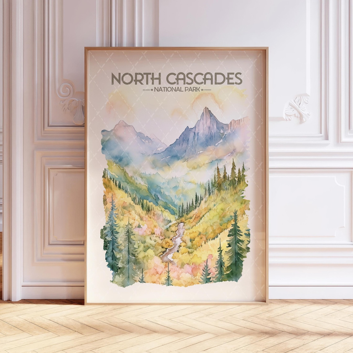 North Cascades National Park Watercolor Mountain Valley Travel Poster