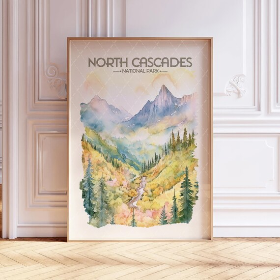 North Cascades National Park Watercolor Mountain Valley Travel Poster