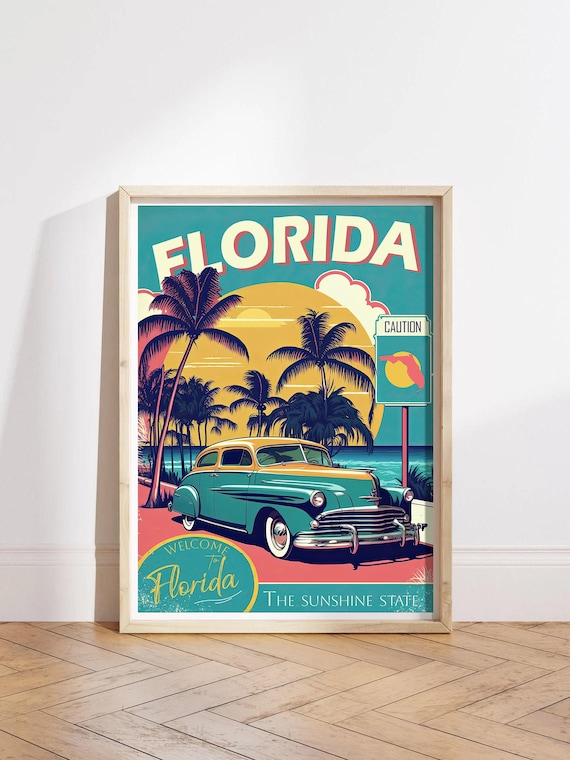 Florida Sunshine State Vintage Car Retro Classic Travel Poster