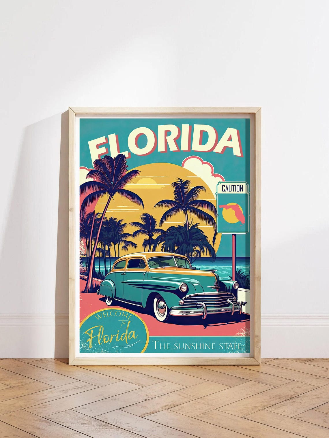 Florida Sunshine State Vintage Car Retro Classic Travel Poster