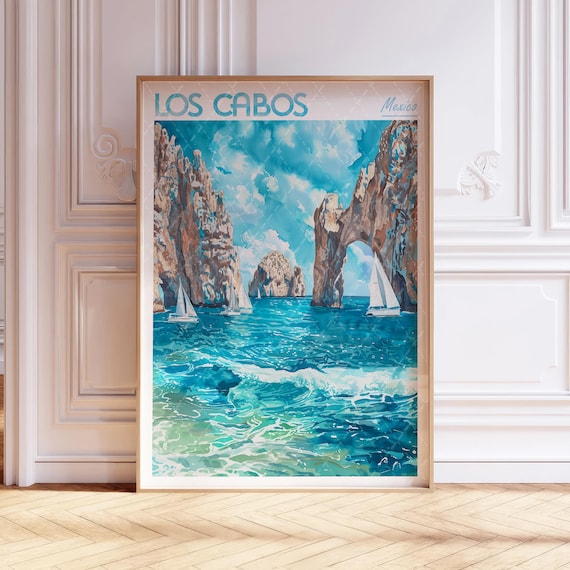 Los Cabos Mexico Travel Poster El Arco Sea Arch With White Sailboats
