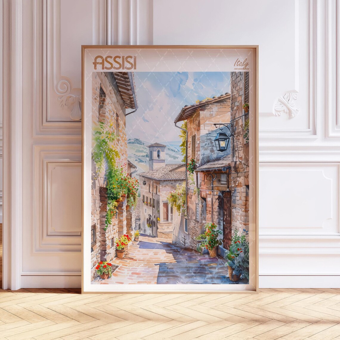 Assisi Italy Watercolor Travel Poster, Coastal Art